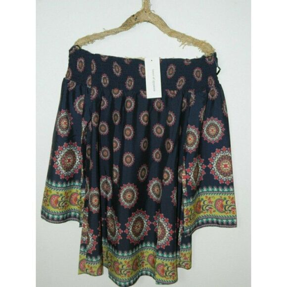 Band of Gypsies Zoe & Rose Dress Blue Floral Off The Shoulder‎ Bell Sleeves Mini - Picture 8 of 16